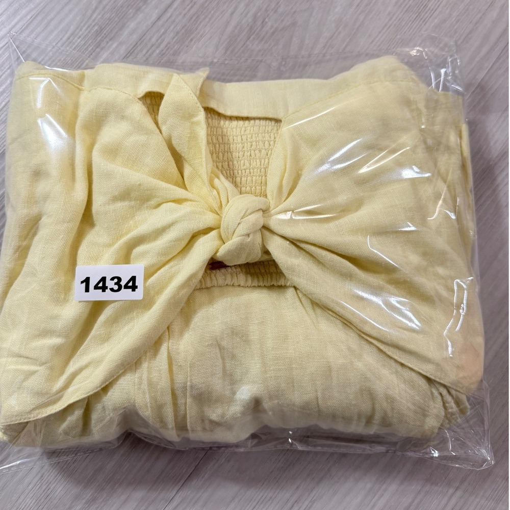 Free People Oasis Midi Dress Yellow Cotton Blend Tie Front Puff Sleeve Medium - Picture 12 of 13